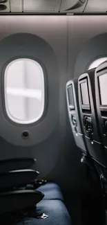 Peaceful airplane cabin with a view out the window, showcasing empty seats.