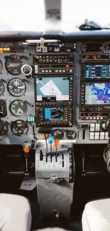 Detailed airplane cockpit control panel with instrumentation.