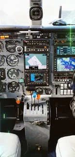 Detailed view of a modern airplane cockpit with diverse instruments.