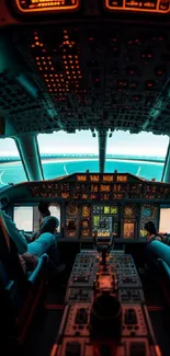 Interior view of an airplane cockpit with pilots and control panels.