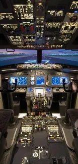 Airplane cockpit with illuminated controls at night, showcasing advanced avionics.