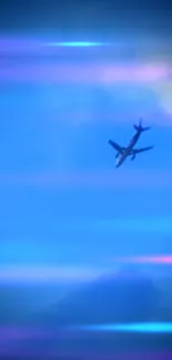 Airplane flying through blue sky with colorful light streaks.