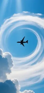 Airplane flying through swirling clouds in a blue sky.
