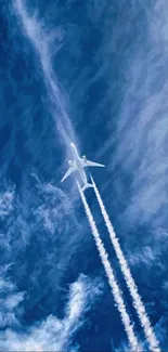 Airplane soaring in a vibrant blue sky with white clouds, creating a scenic view.