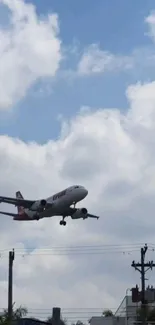 Airplane soaring in a cloudy blue sky wallpaper.