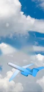 Airplane flying through a cloudy blue sky wallpaper.