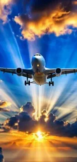 Airplane soaring through vibrant, sunlit clouds.
