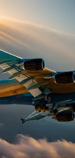 Airplane flying in sunset-lit sky with clouds.