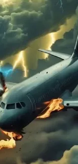 Airplane flying through thunderstorm with fire and lightning.