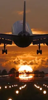 Airplane landing on a runway at sunset with bright sky.