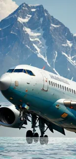 Airplane flying in front of majestic mountains with blue skies.