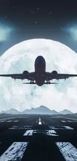 Silhouette of an airplane against a bright full moon and starry night sky.