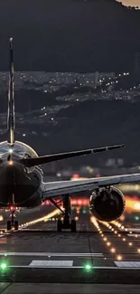 Airplane on a runway backlit by city lights at dusk.