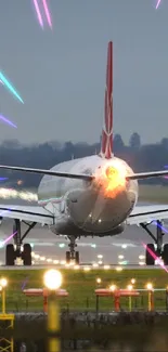 Airplane on a runway with dusk background and runway lights.