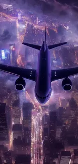 Airplane flying over city at night with vibrant lights.