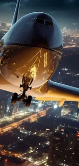 Airplane flying over illuminated city at night.