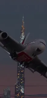 Airplane soaring over a city skyline at sunset, with a tall skyscraper in the background.