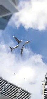 Airplane flying over modern city skyline with skyscrapers.