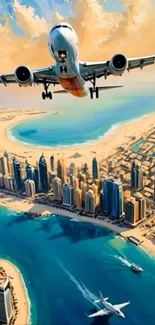 Digital artwork of airplane soaring over city skyline.