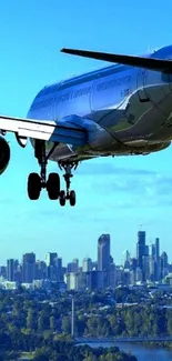 Airplane flying over a city skyline with a blue sky backdrop.