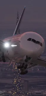 Airplane flying over city at dusk with skyline in background.