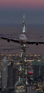 Airplane flying over cityscape at dusk with skyline view.