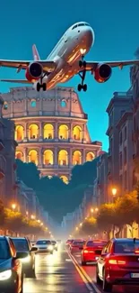 Airplane flying over a busy city street at dusk with colorful lights.