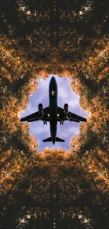 Airplane flying through mirrored autumn trees, creating a unique illusion.