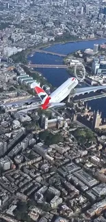 Airplane soaring above London's iconic cityscape, showcasing the skyline.