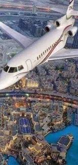 Airplane soaring over a vibrant cityscape, capturing an aerial view.