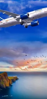 Airplane flying over a scenic coastal landscape under a vibrant sky.