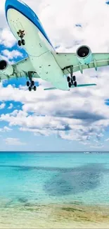 Airplane soaring over turquoise beach and blue sky in vibrant wallpaper.