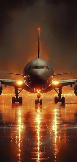 Airplane on a glowing runway at night.