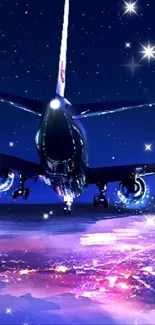 Airplane flying over a city at night with city lights and starry sky.