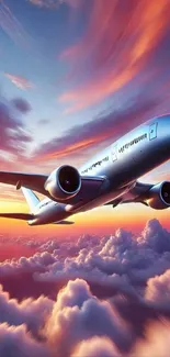 Airplane flying above sunset clouds in vibrant sky.