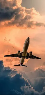 Airplane soaring through a dramatic sunset with clouds.