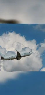 Airplane flying through a cloudy sky.