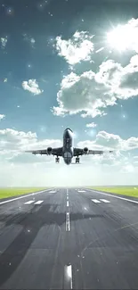 Airplane taking off under a bright sky with sun and clouds.