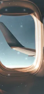 Airplane wing view through window with sky background.