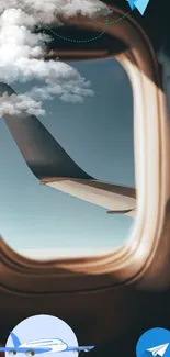 Airplane wing view through a window with clouds and bright sky.