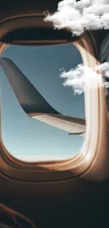 View of airplane wing through window from passenger seat.