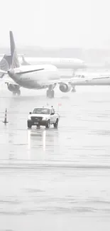 Airplanes parked on a foggy runway with a vehicle in foreground.