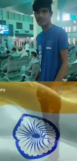 Man at airport with Indian flag overlay.