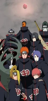 Dynamic Akatsuki anime group with red moon backdrop.