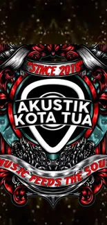 Artistic Akustik Kota Tua guitar pick design on black background.