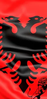 Albanian flag with black double-headed eagle on red background.