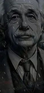 Albert Einstein grayscale portrait with rain effect.