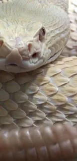 Close-up of an albino rattlesnake with textured scales in pale yellow hues.