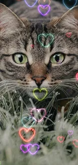 A cat with green eyes crouching in frosty grass, attention captured.