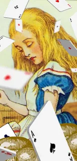 Alice surrounded by flying playing cards, whimsical illustration.